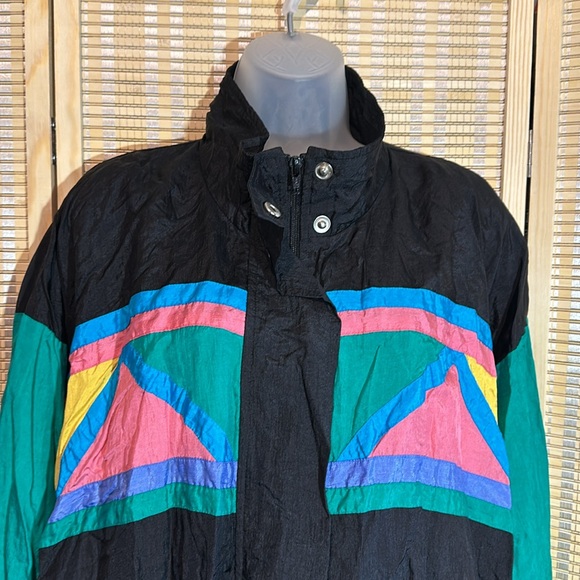 Ashley Hill Vintage 1990s Y2K Black Green Colorblock Zip Front Windbreaker Large - Picture 4 of 16